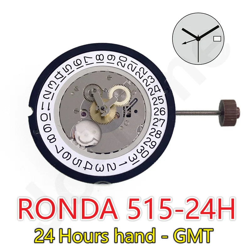 Swiss Ronda 515 GMT Movement Quartz Multifunction 24 Hours Hand - Gmt Date 3 Hands