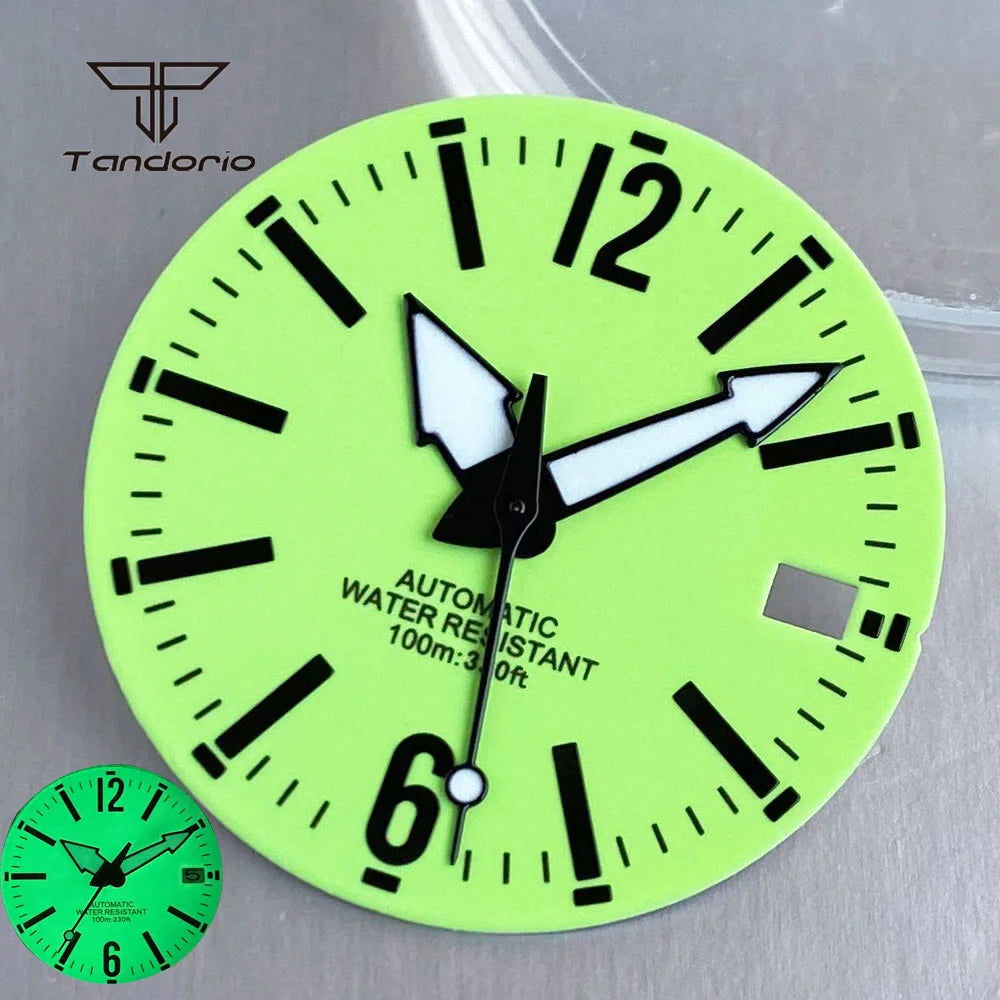 29mm Green Watch Dial Full Luminous Face Hands Set Date Fit NH35 Automatic Movt Men's Wristwatch Accessories Replacement Parts