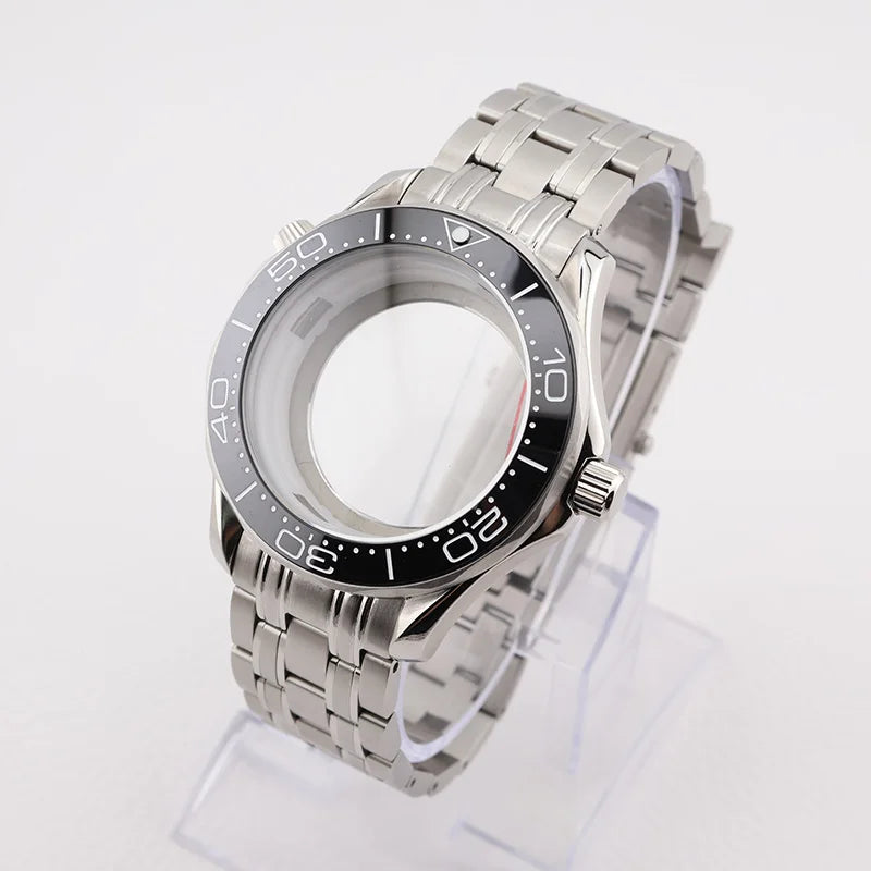 42mm NH35 Stainless Steel Seamaster Watch Case Mineral/Sapphire Glass Black Ceramics Bezel Insert with Bracelet for Seiko Mod Seamaster Build Parts