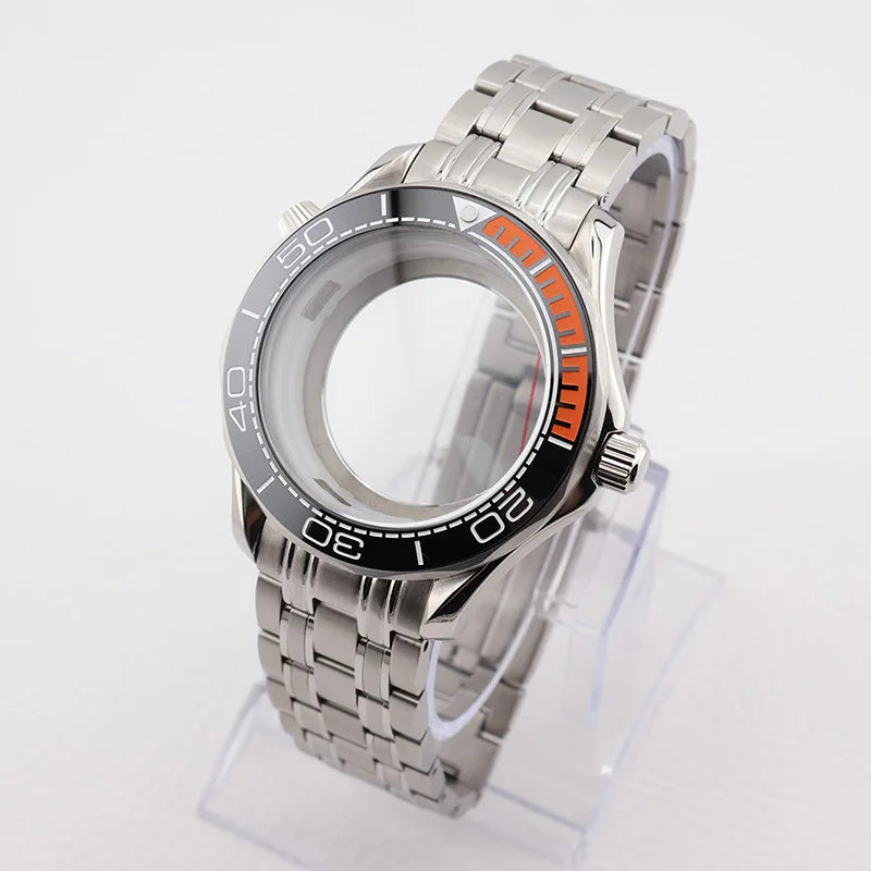 42mm NH35 Stainless Steel Seamaster Watch Case Mineral/Sapphire Glass Black Ceramics Bezel Insert with Bracelet for Seiko Mod Seamaster Build Parts