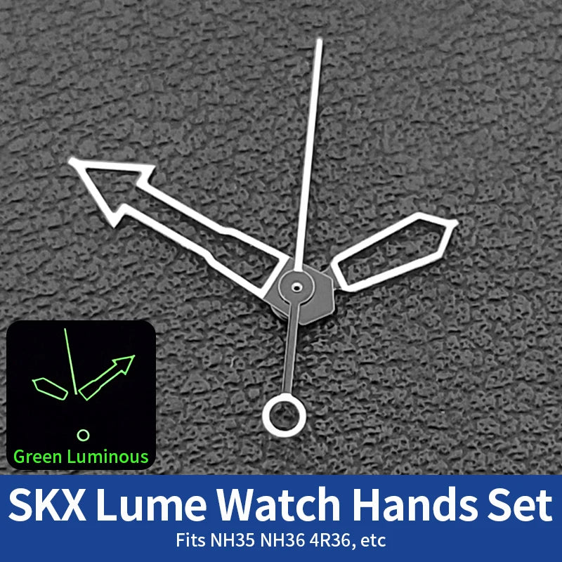 Green luminous Watch Hand Set SKX Lume Hands MOD Fits NH35 NH36 4R36 NH72 Second Minute Hour Movements Replacement Accessories