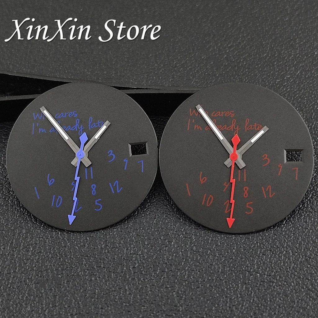 Black NH35 28.5mm Watch Dial Who Cares With Lightning Second Hands For NH35 4R35 Movement Who Cares Lt's Already Late Replace Watch Dial