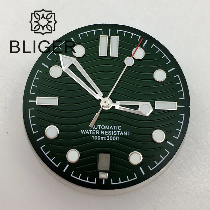 31mm seamaster Wave Watch Dial Hand Set 6 O'clock Date Window Black White Blue Green Fit NH35 Movement Luminus