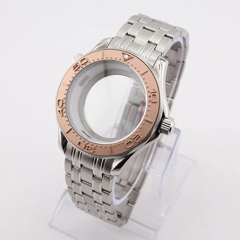42mm NH35 Stainless Steel Seamaster Watch Case Mineral/Sapphire Glass Black Ceramics Bezel Insert with Bracelet for Seiko Mod Seamaster Build Parts