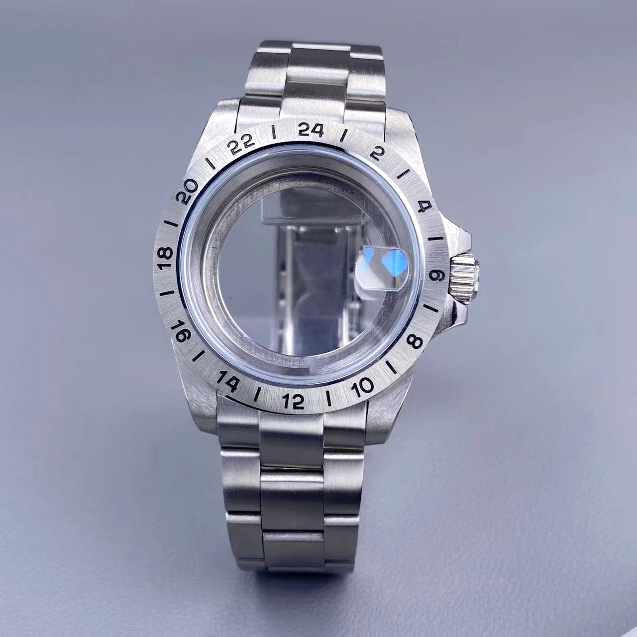 39mm EXP 24 Hour GMT Watch Case Fixed Bezel Sapphire for NH35/NH36 Movement Frosted Steel Strip