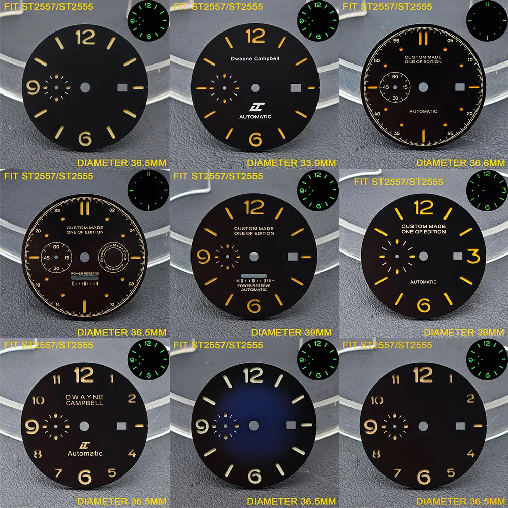 33.9/36.5mm Diameter Green Luminous Sterile Dial for Seagull GMT ST2557/ST2555 Movement with Single Calendar,Custom DIY logo
