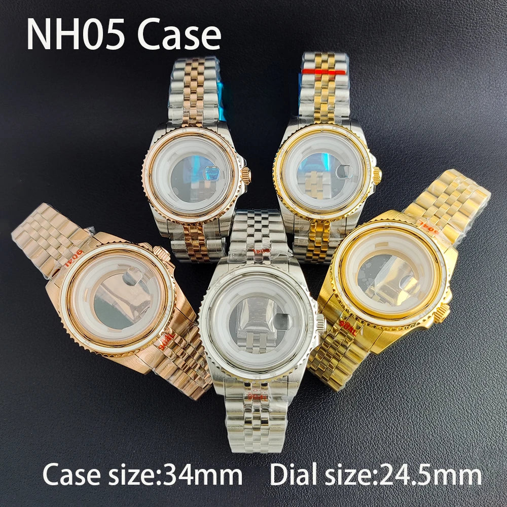34MM NH05 Watch Case bezel insert ring sapphire glass stainless steel screw in crown women's watch case, suitable for NH05 NH06 movement