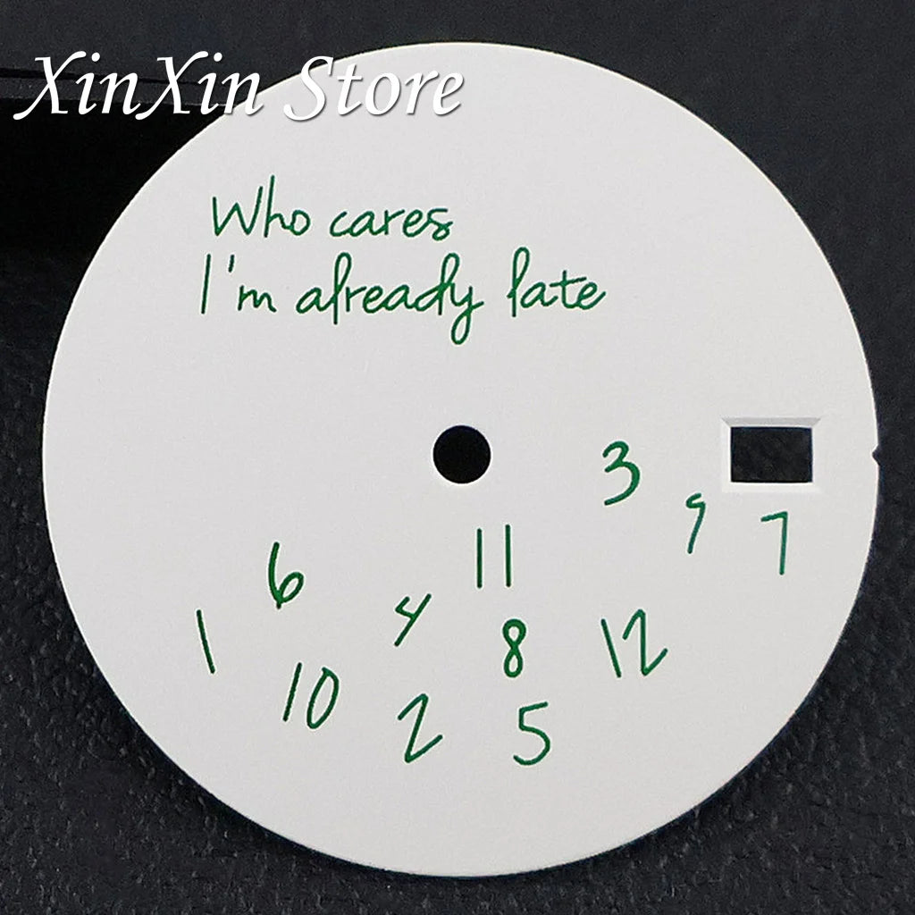 Black NH35 28.5mm Watch Dial Who Cares With Lightning Second Hands For NH35 4R35 Movement Who Cares Lt's Already Late Replace Watch Dial