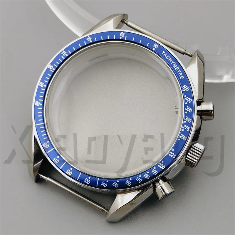 Speed Master Case 40mm VK63 Silver Watch Case Blue Green Black Silver Insert With Coated Glass For VK63 Quartz Chronograph Movement Steel Bracelet