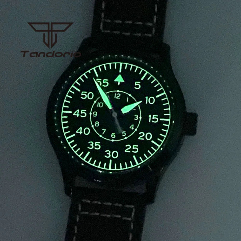 PVD Black Pilot Watch Tandorio TD137B 42mm Miyota 8215 ST1612 Movement Sterile Dial Sapphire 3ATM Green Luminous