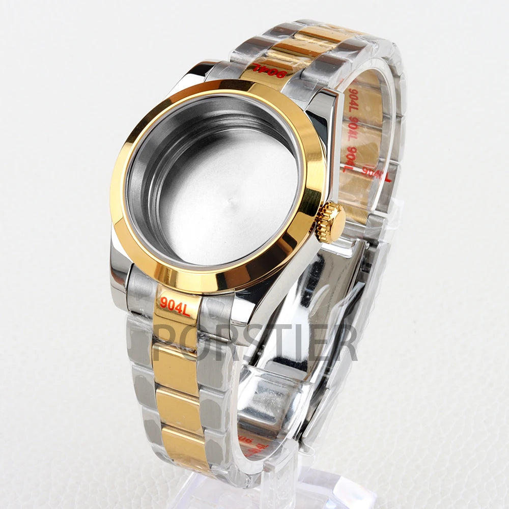 Smooth Bezel Two Tone Gold 36/39mm NH35 Watch Case 20mm Solid 316L Stainless Steel Jubilee/Oyster Strap for Datejust NH35 NH36 Movement 28.5mm Dial 10bar