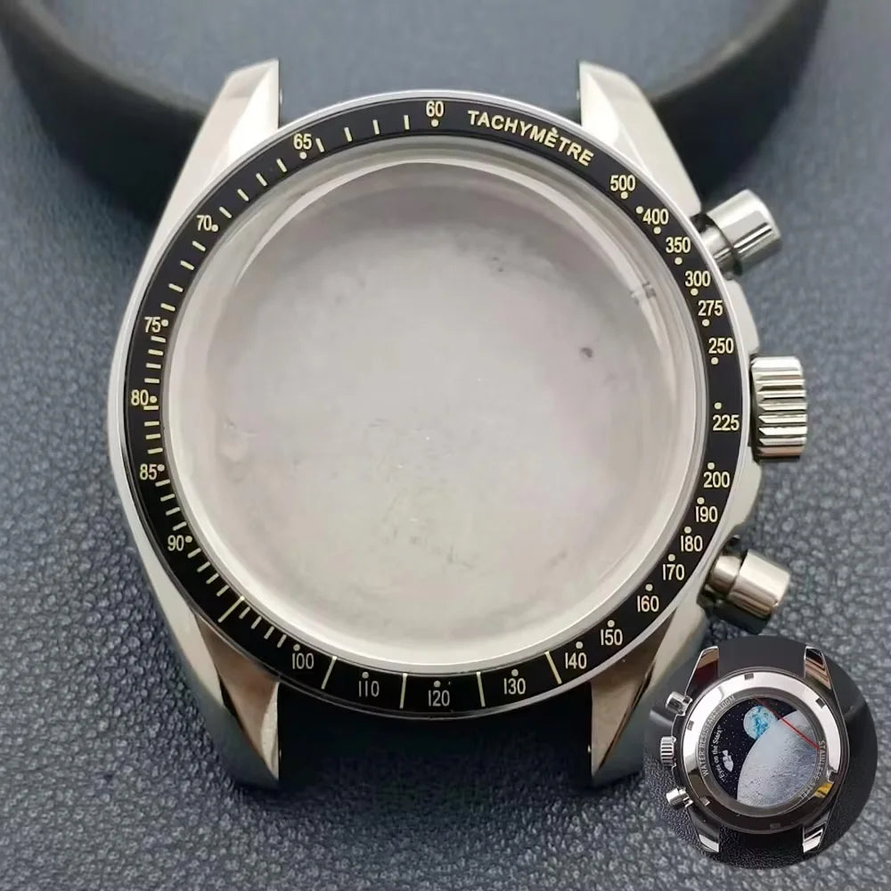 40mm Speedmaster Watch Case Stainless Steel For VK63 VK64 Chronograph Quartz Movement Mineral Moon Foorprint Sterile Caseback