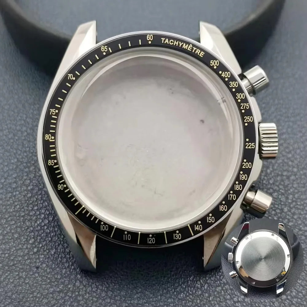 40mm Speedmaster Watch Case Stainless Steel For VK63 VK64 Chronograph Quartz Movement Mineral Moon Foorprint Sterile Caseback