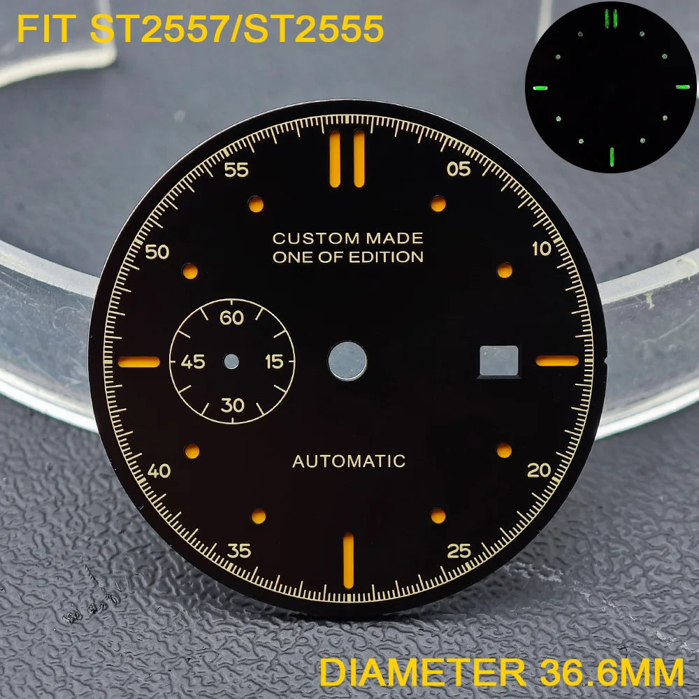 33.9/36.5mm Diameter Green Luminous Sterile Dial for Seagull GMT ST2557/ST2555 Movement with Single Calendar,Custom DIY logo