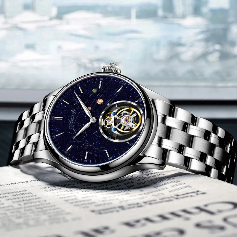 42mm AESOP 7049 Original Flying Tourbillon Watches for Men Skeleton Movement Fashion Sapphire