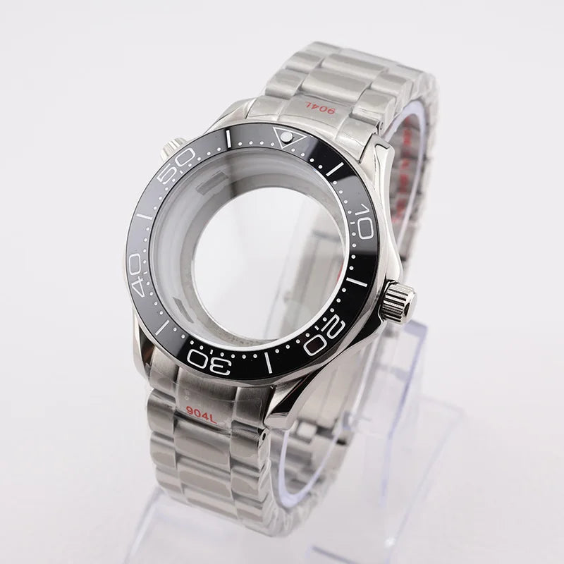 42mm NH35 Stainless Steel Seamaster Watch Case Mineral/Sapphire Glass Black Ceramics Bezel Insert with Bracelet for Seiko Mod Seamaster Build Parts