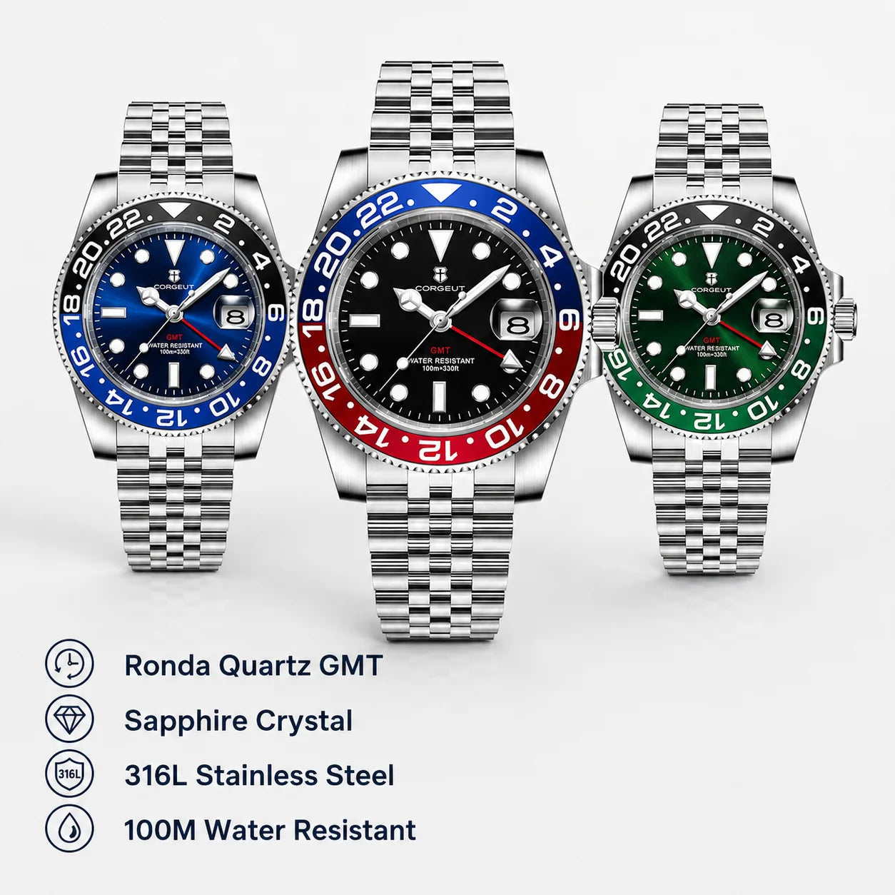 40mm Ronda 515 Quartz GMT Watch CORGEUT Sapphire 10ATM Travel