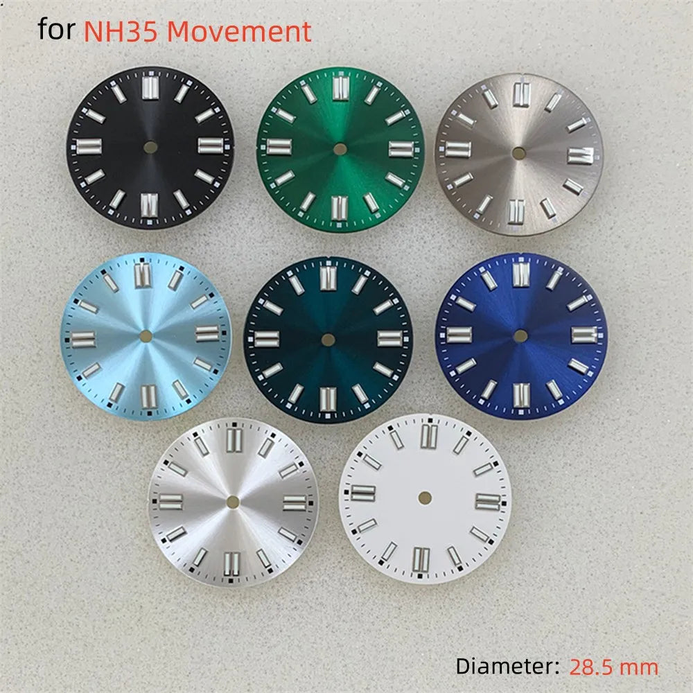 28.5MM sunburst watch Dial Green Luminous Watch Dial for NH35/ETA2836 2824/Pt5000/ 8215/Mingzhu 2813 Movement Watch Modification Accessories