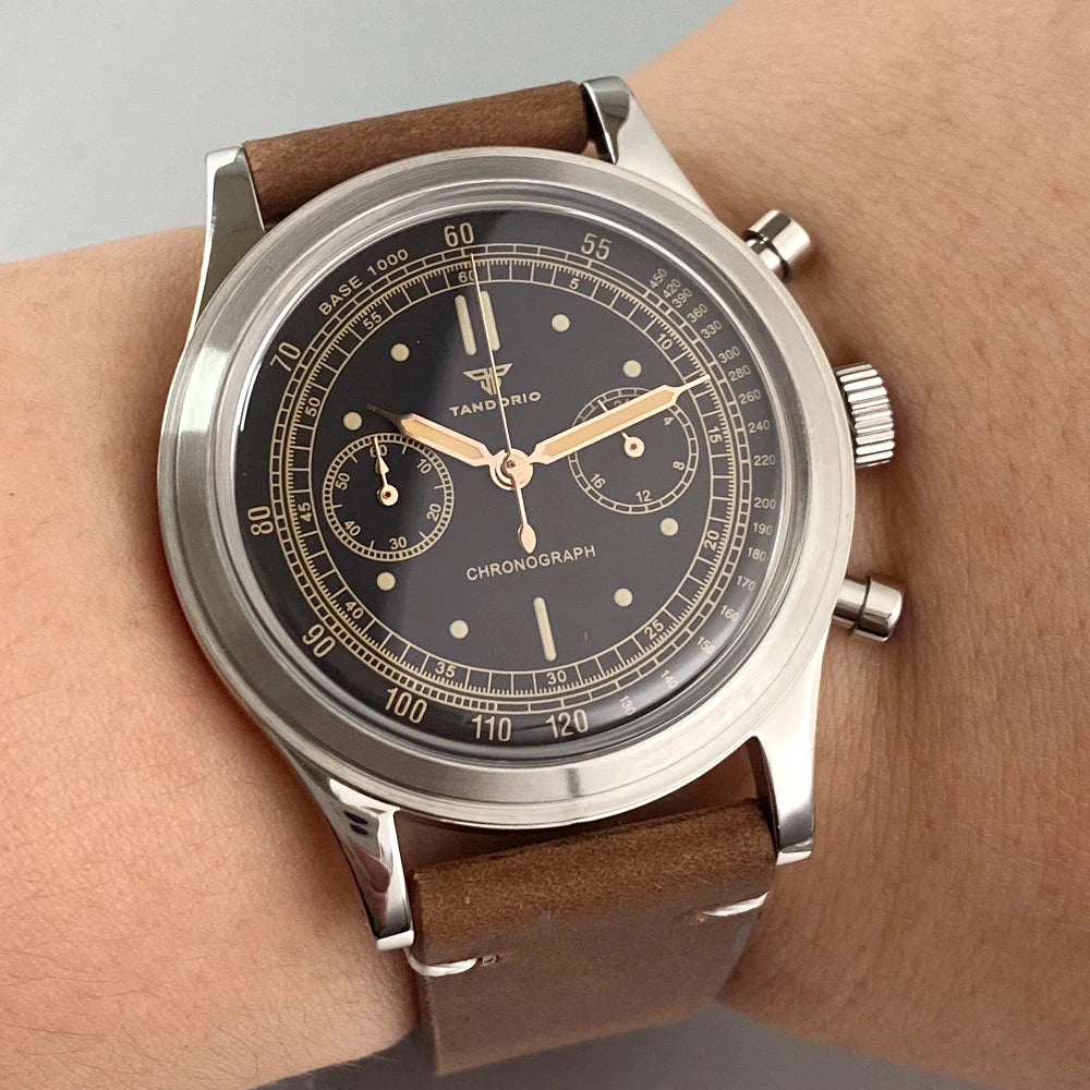38mm Quartz Pilot Tandorio TD911 Chronograph MIYOTA OS20 Quartz Domed Sapphire Glass Retro 5Bar 2 eyes