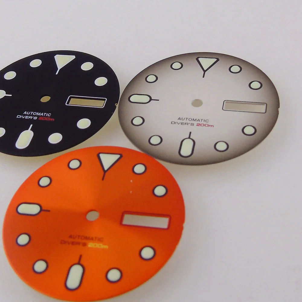 Nologo 29mm Watch Dial 3.8 Clock for NH 36 Movement Weekday Date Orange/white/black Dial Face Plate Green Lume for Di ver Watch