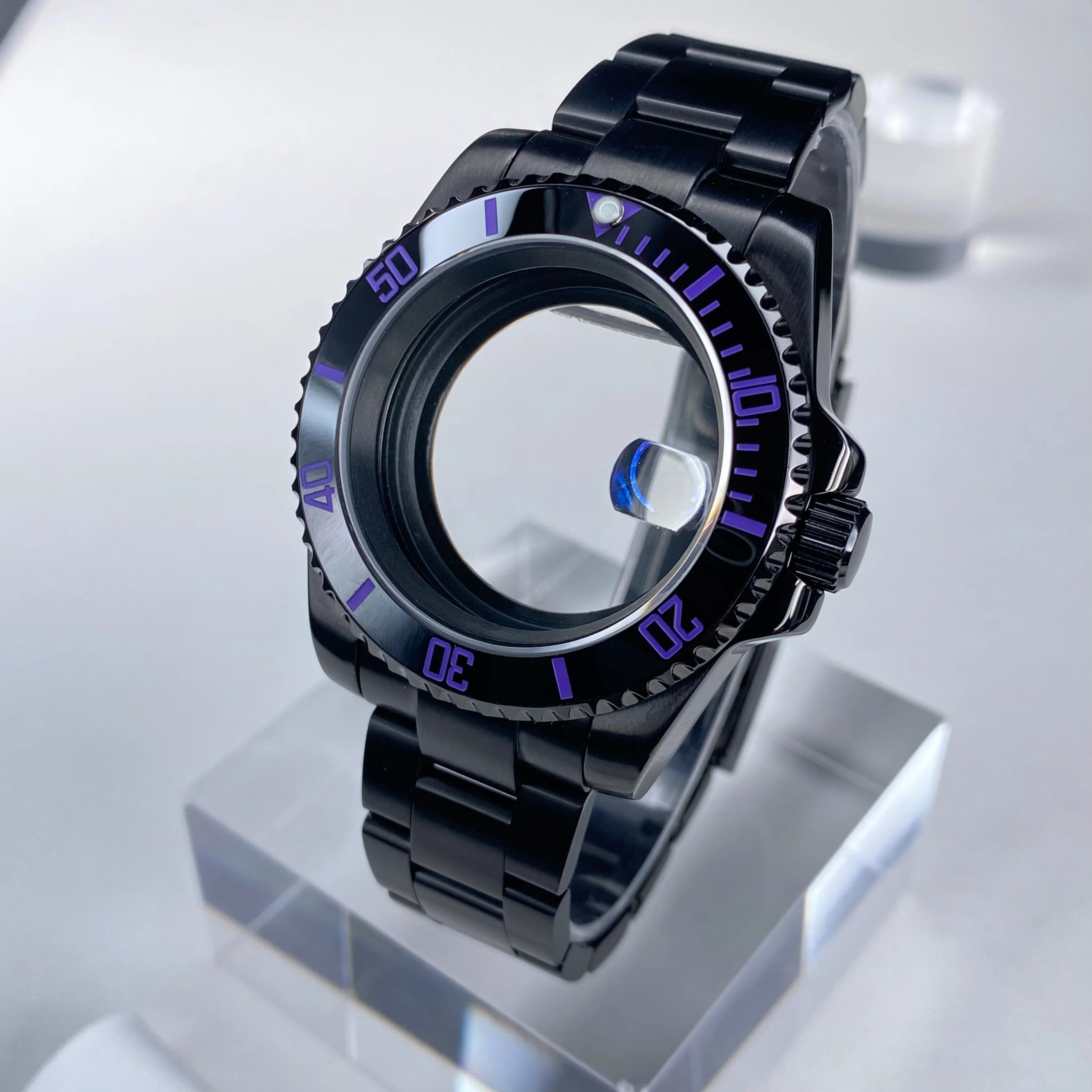 PVD black Sub Watch Case 40mm NH35 Stainless Steel Sapphire Glass case Alloy/Ceramic Bezel Reloaded 28.5mm Date Dial Accessories