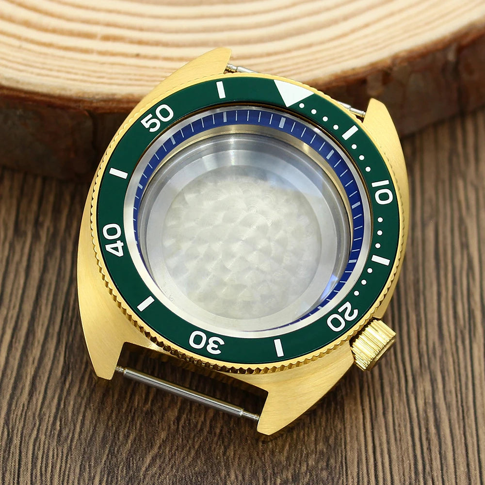 41mm Gold PVD Captain Willard Watch Case Domed Sapphire Tuna Turtle for Seiko MOD NH35 NH36 NH34 4R36 Movts Abalone Screw Crown