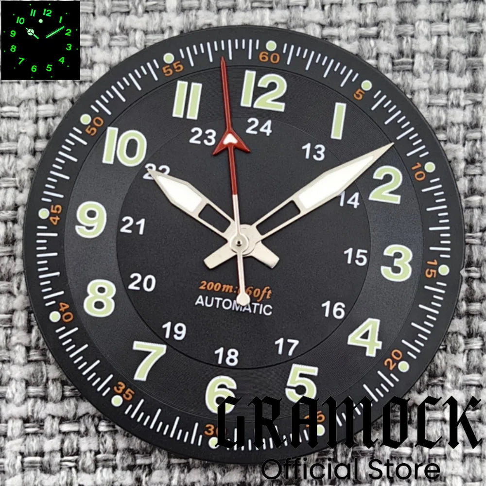 Gramock Classics Sterile 29mm Pilot Black Watch Dial Part for NH35/36 ETA PT5000 Miyota Mingzhu DG ST2130 Movement Part Hand Set