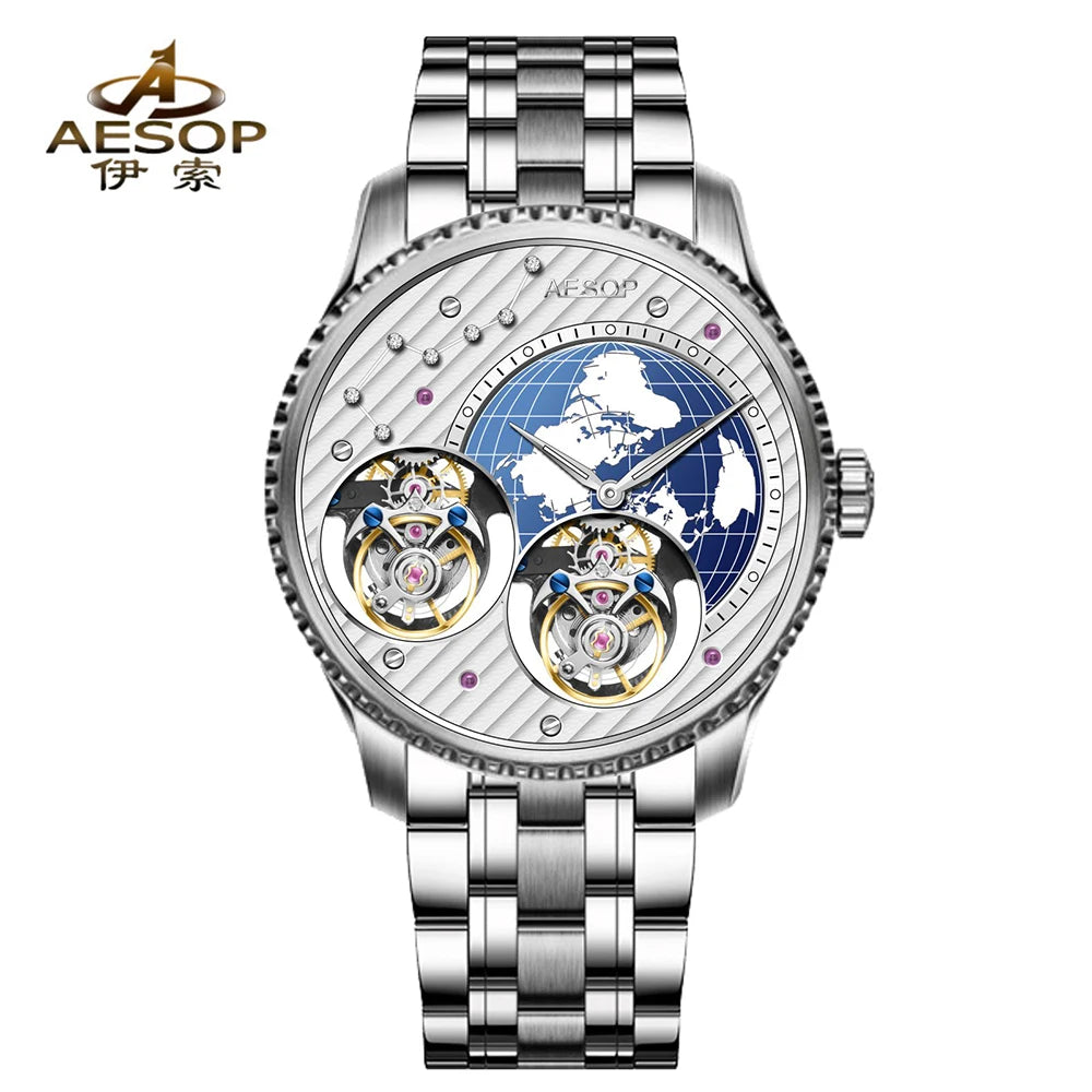 Double Flying Tourbillon Watch World Map AESOP 7116 42mm Skeleton Luxury Waterproof Wristwatches Sapphire