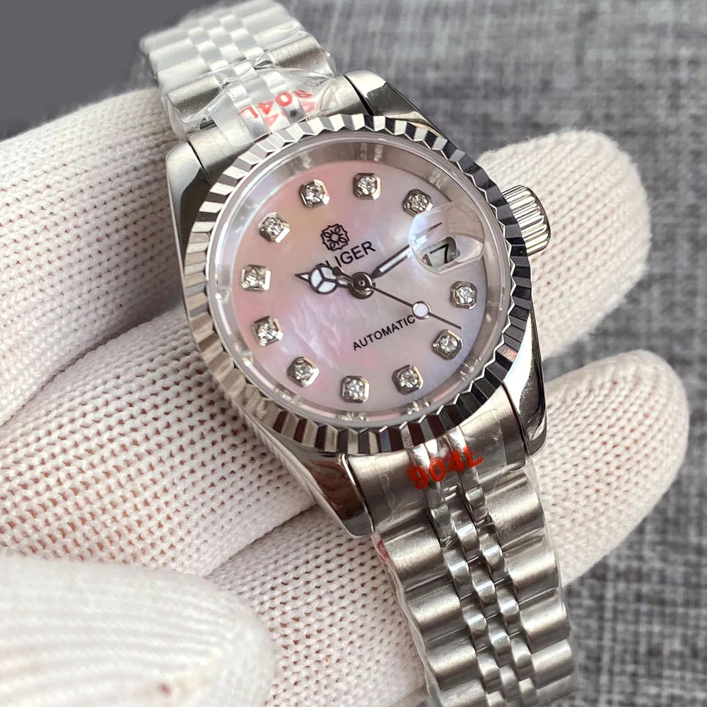 26mm Lady Watch Dress Silver Rose Gold Fluted Bezel Pink MOP