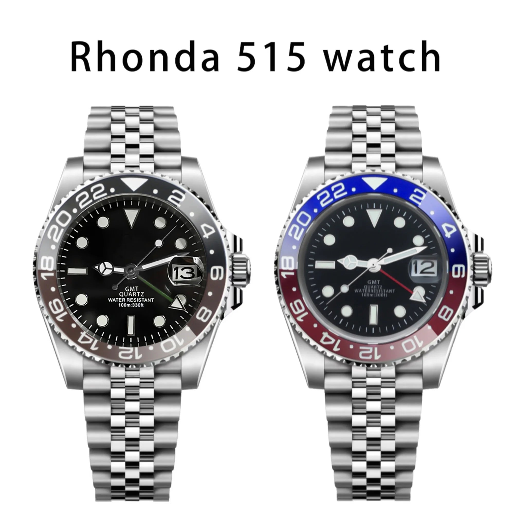 40mm Quartz GMT Submariner Ronda 515 24H Movement Ceramic Sapphire Glass 10Bar Waterproof C3 luminous