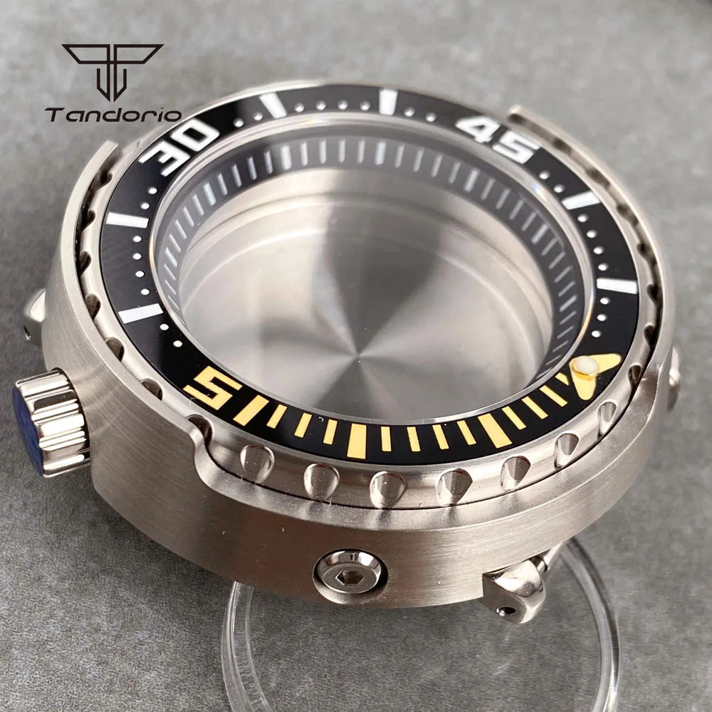 Tuna Can Watch Case 46.5mm Stainless Steel Tuna Style Watch Case Sapphire 4 o'clock Crown Fit NH34 NH35 NH36 NH38 20ATM Waterproof Ceramic Bezel