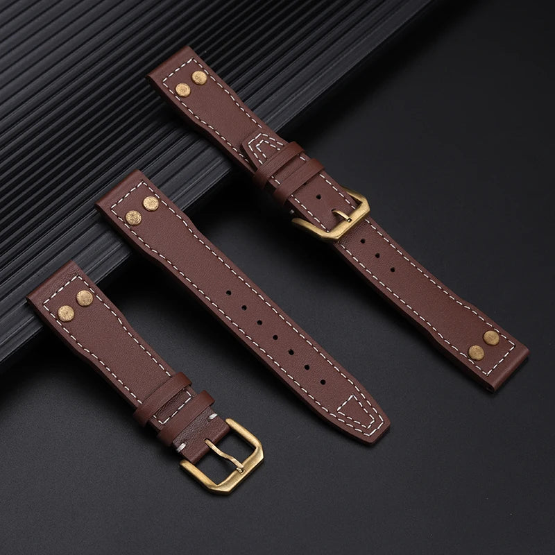 Vintage Real Solid Bronze Buckle Genuine Leather Watch Strap For Pilot Watchband 20 21 22mm