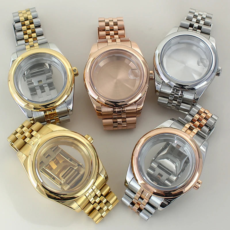 Two Tone Round Edge Watch Case 39mm 36mm Sapphire Crystal Glass For Seiko NH35 NH36 NH38 NH34 Miyota 8215 Movement Presidential Bracelet