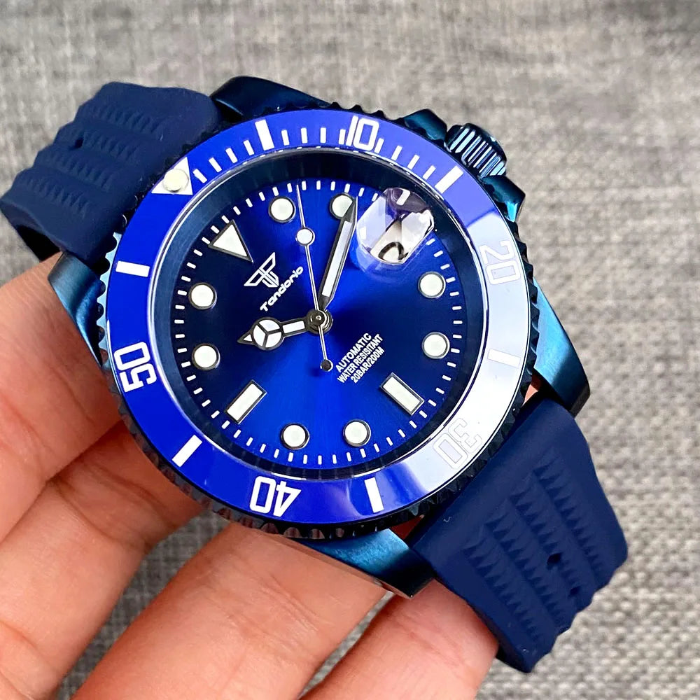 NH35 Blue Coated Watch Case Swim Sunburst Blue Steel Automatic