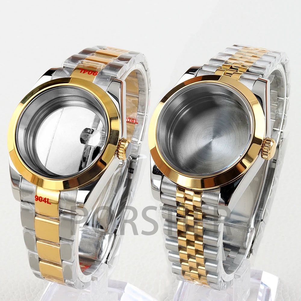 Smooth Bezel Two Tone Gold 36/39mm NH35 Watch Case 20mm Solid 316L Stainless Steel Jubilee/Oyster Strap for Datejust NH35 NH36 Movement 28.5mm Dial 10bar