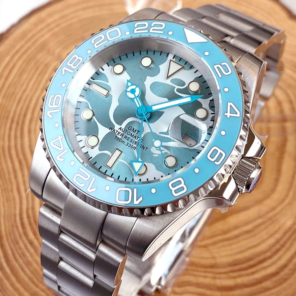 Tandorio 40mm Sky Blue NH34A GMT Automatic Watch for Men 10ATM Camo Print Dial Full Luminous Ceramic Bezel Sapphire Crystal