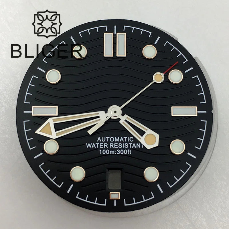 31mm seamaster Wave Watch Dial Hand Set 6 O'clock Date Window Black White Blue Green Fit NH35 Movement Luminus