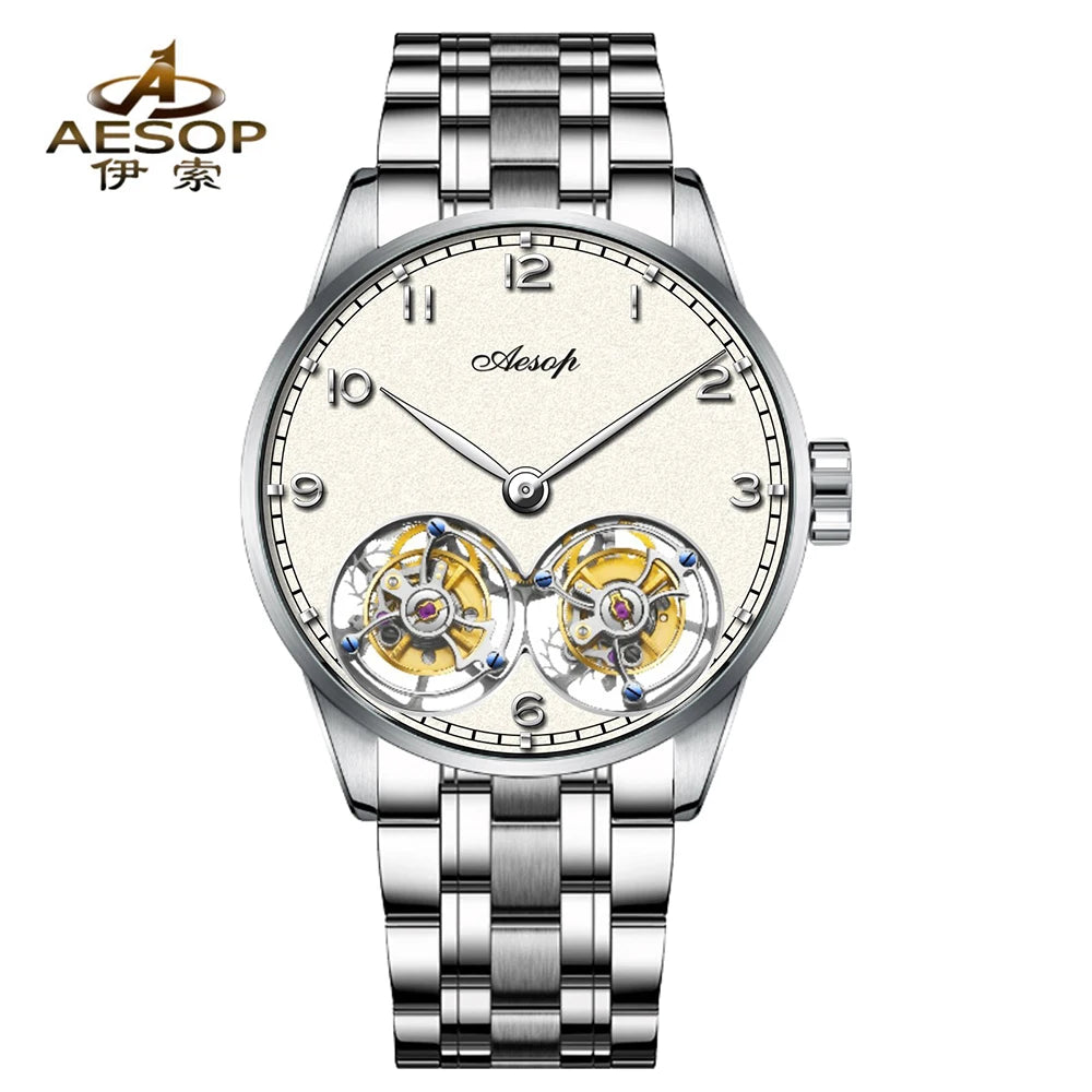 42mm AESOP 7108 Double Flying Tourbillon Movement Watch For Men Skeleton Mechanical Luxury Watches Wterproof Wristwatches Sapphire