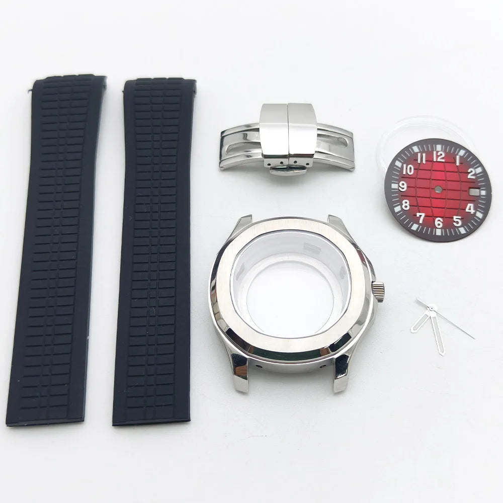 Aquanaut case 42mm NH35 Rose Gold 316 Stainless Steel Case Rubber Strap Luminous Dial Hands Modifed Watch Parts Accessorie glass back