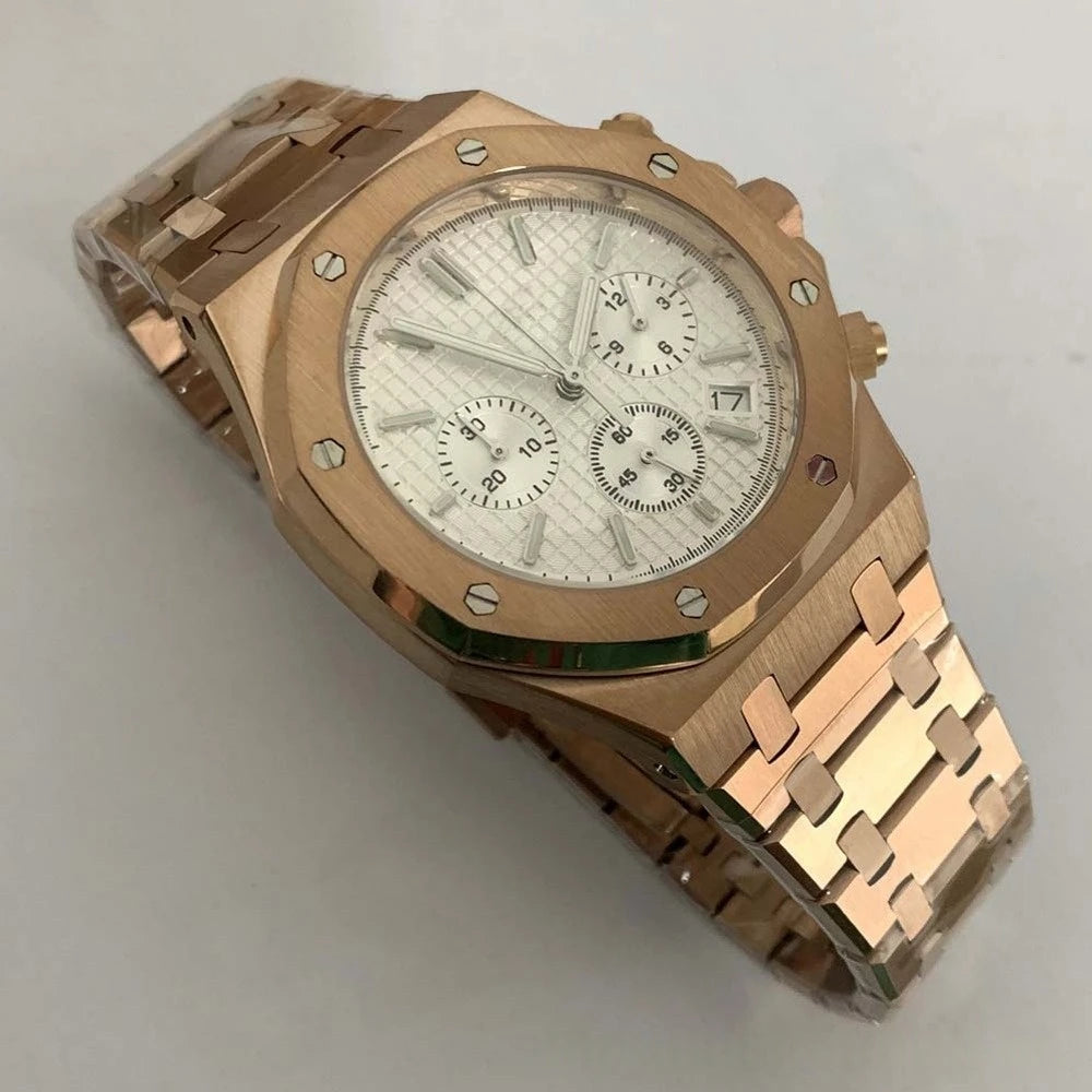 Rose Gold Quartz Royal Oak Octagon Watch Customized LOGO Chronograph 41mm Japanese VK63 Movement Sapphire 3ATM