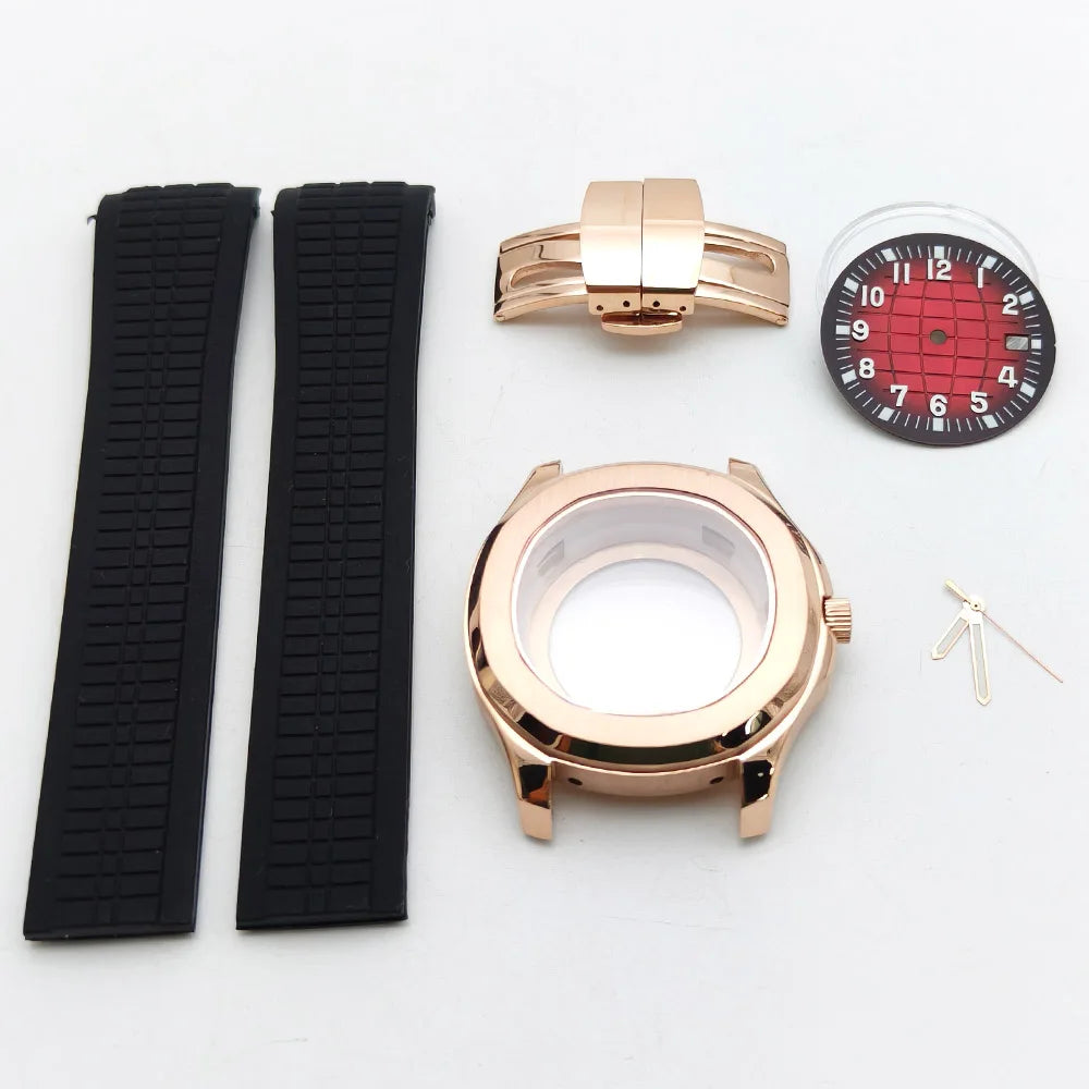 Aquanaut case 42mm NH35 Rose Gold 316 Stainless Steel Case Rubber Strap Luminous Dial Hands Modifed Watch Parts Accessorie glass back