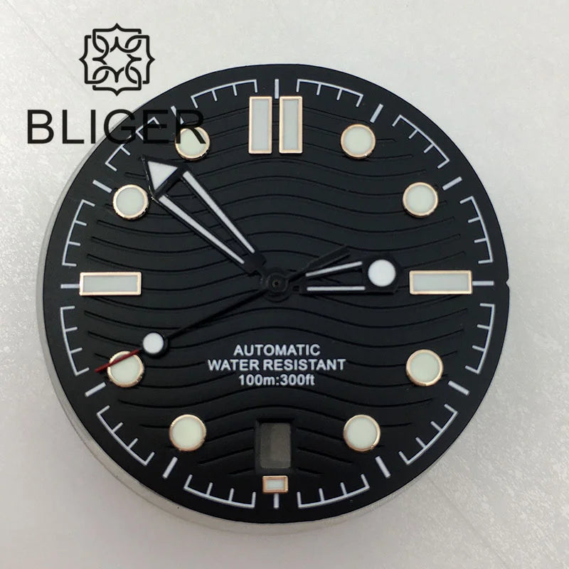 31mm seamaster Wave Watch Dial Hand Set 6 O'clock Date Window Black White Blue Green Fit NH35 Movement Luminus