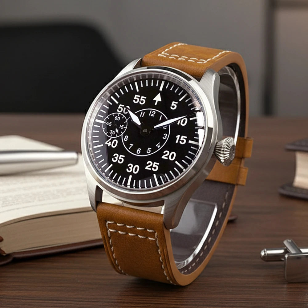 Tandorio 42mm Vintage Pilot ST3600 Hand Wind Watch Sapphire 6497 5ATM Sub Second at 9 GlassBack