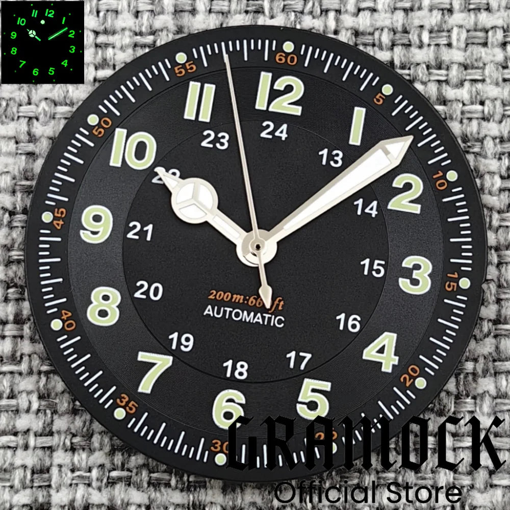 Gramock Classics Sterile 29mm Pilot Black Watch Dial Part for NH35/36 ETA PT5000 Miyota Mingzhu DG ST2130 Movement Part Hand Set
