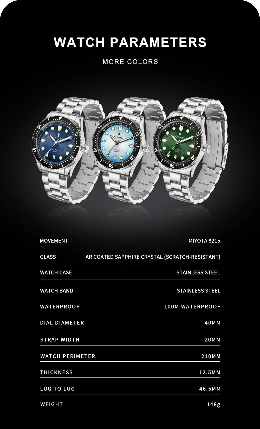 CADISEN C8245 Diver AR Sapphire MIYOTA 8215 Mechanical Wristwatch Ceramic Ring 10Bar Luminous - Tandorio Watches