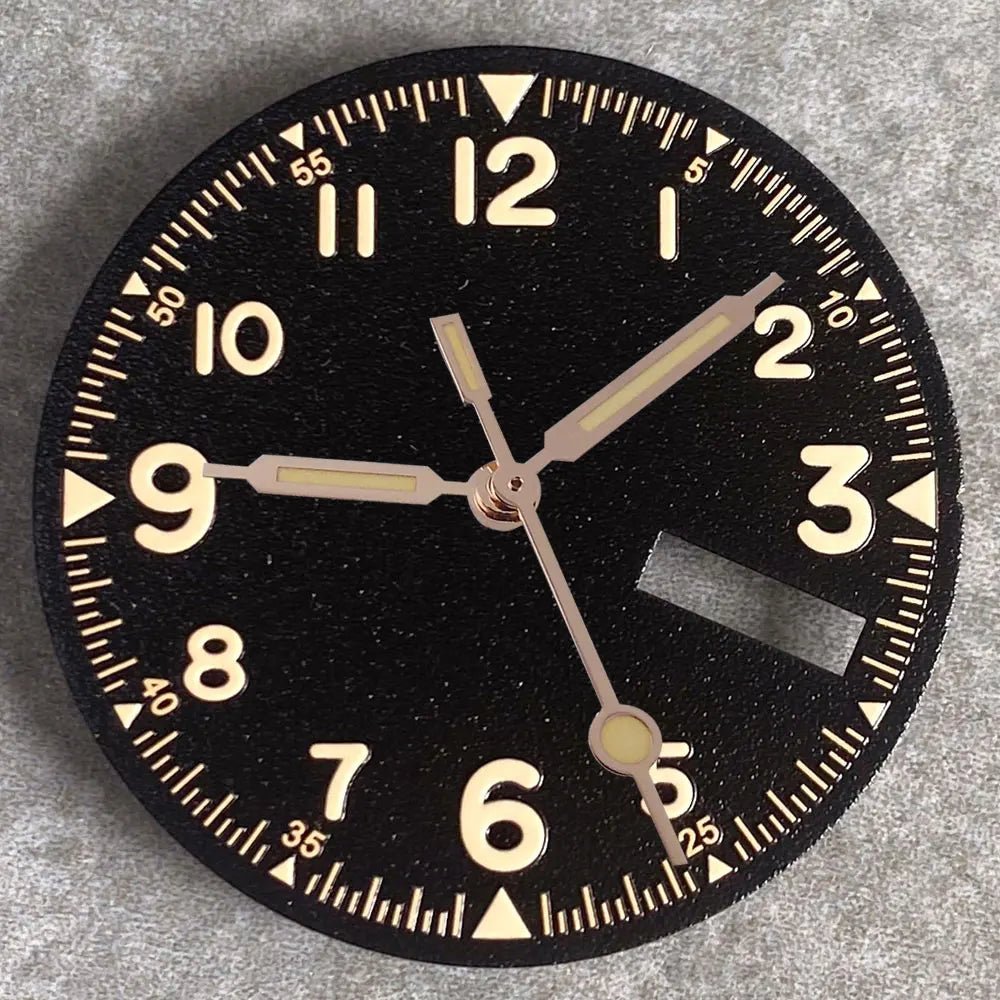 Nologo 29mm Pilot Field Watch Dial Face for NH35 NH36 3.8/3 Clock Watch Mod Case Numbers Markers Vintage Black Hand SKX Mod - Tandorio Watches