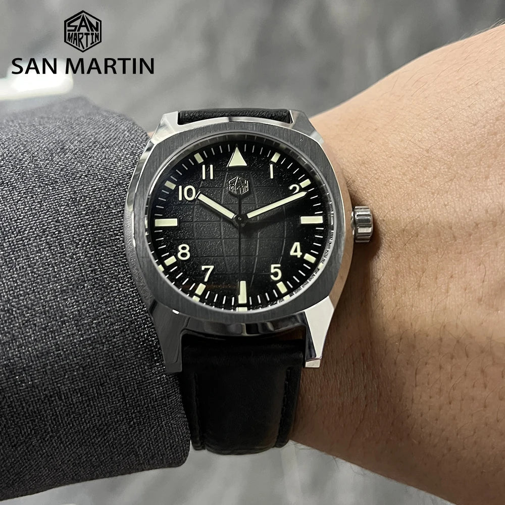 San Martin Dress Watch SN0026 38mm PT5000 SW200 Automatic Original Design Grid Textured Dial 10Bar C3 Lume Sapphire - Tandorio Watches