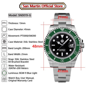 San Martin SUB Diver Sn0019G 41mm Water Ghost PT5000 SW200 Automatic AR Sapphire 20Bar BGW - 9 Luminous - Tandorio Watches