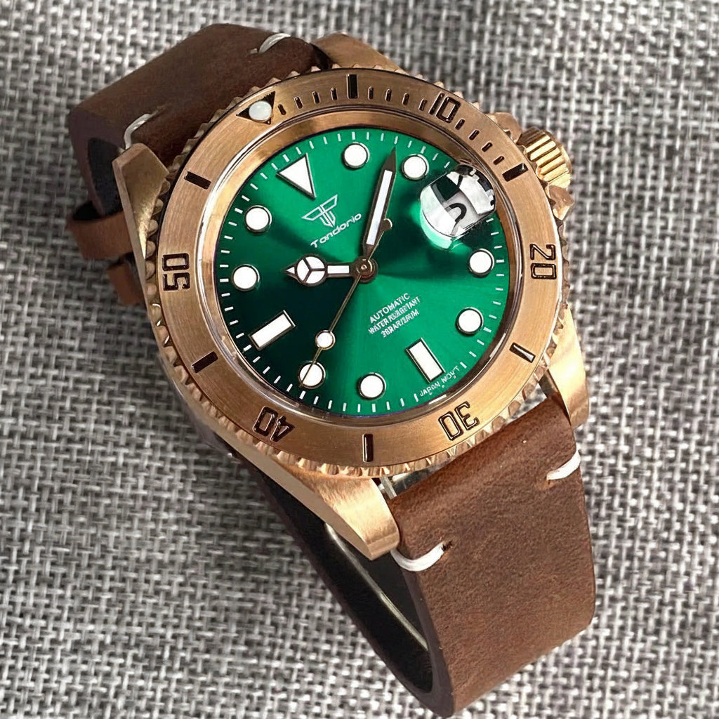 Tandorio 40mm Real Bronze Diver Sunburst Green NH35 Movt 20bar Sapphire - Tandorio Watches