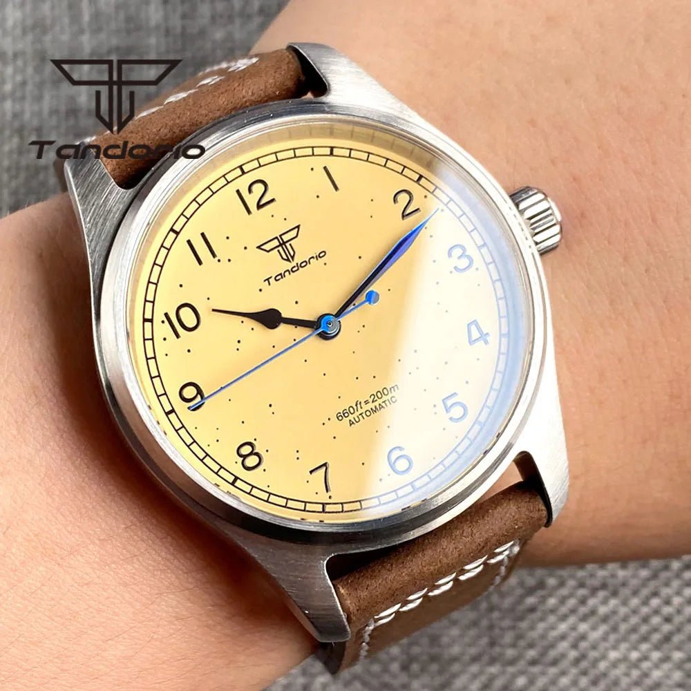 Tandorio Vintage 39mm 200M Pilot Watch NH35A PT5000 Yellow Dial Sapphire - Tandorio Watches